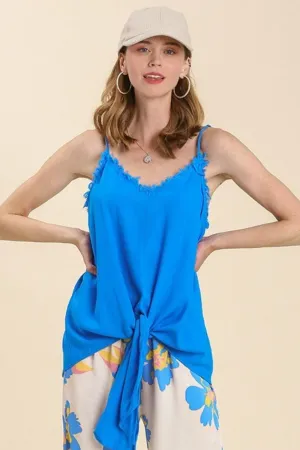Umgee Full Size Linen Blend Adjustable Spaghetti Strap Frayed Detail Cami Plus Size