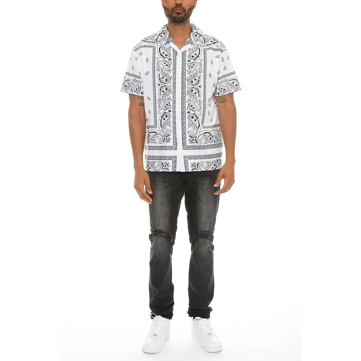 White Paisley Print Button Down Shirt