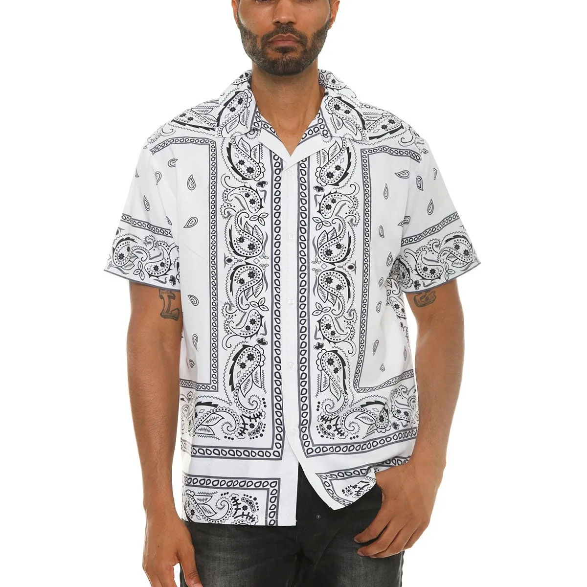 White Paisley Print Button Down Shirt