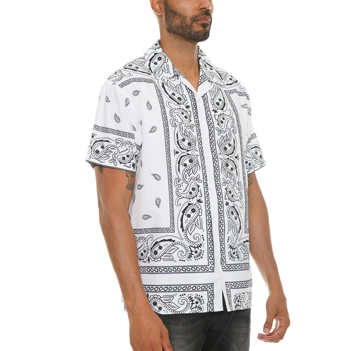 White Paisley Print Button Down Shirt
