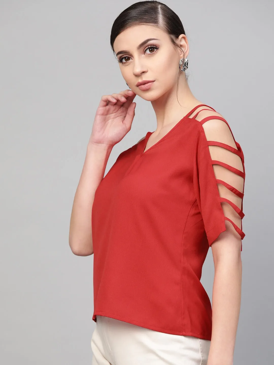 Women Red Strappy Sleeve Top