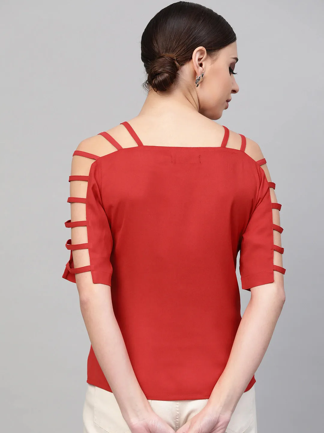 Women Red Strappy Sleeve Top