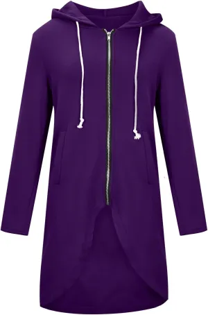 Womens Long Hoodies Long Sleeve Zip Up Solid Plain Hooded Pullover Drawstring Loose Fit Casual Fashion Fall Tops with Pocket