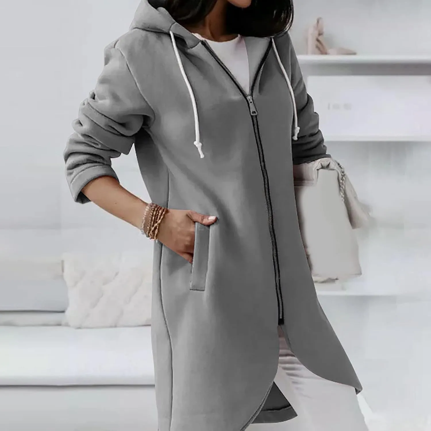 Womens Long Hoodies Long Sleeve Zip Up Solid Plain Hooded Pullover Drawstring Loose Fit Casual Fashion Fall Tops with Pocket