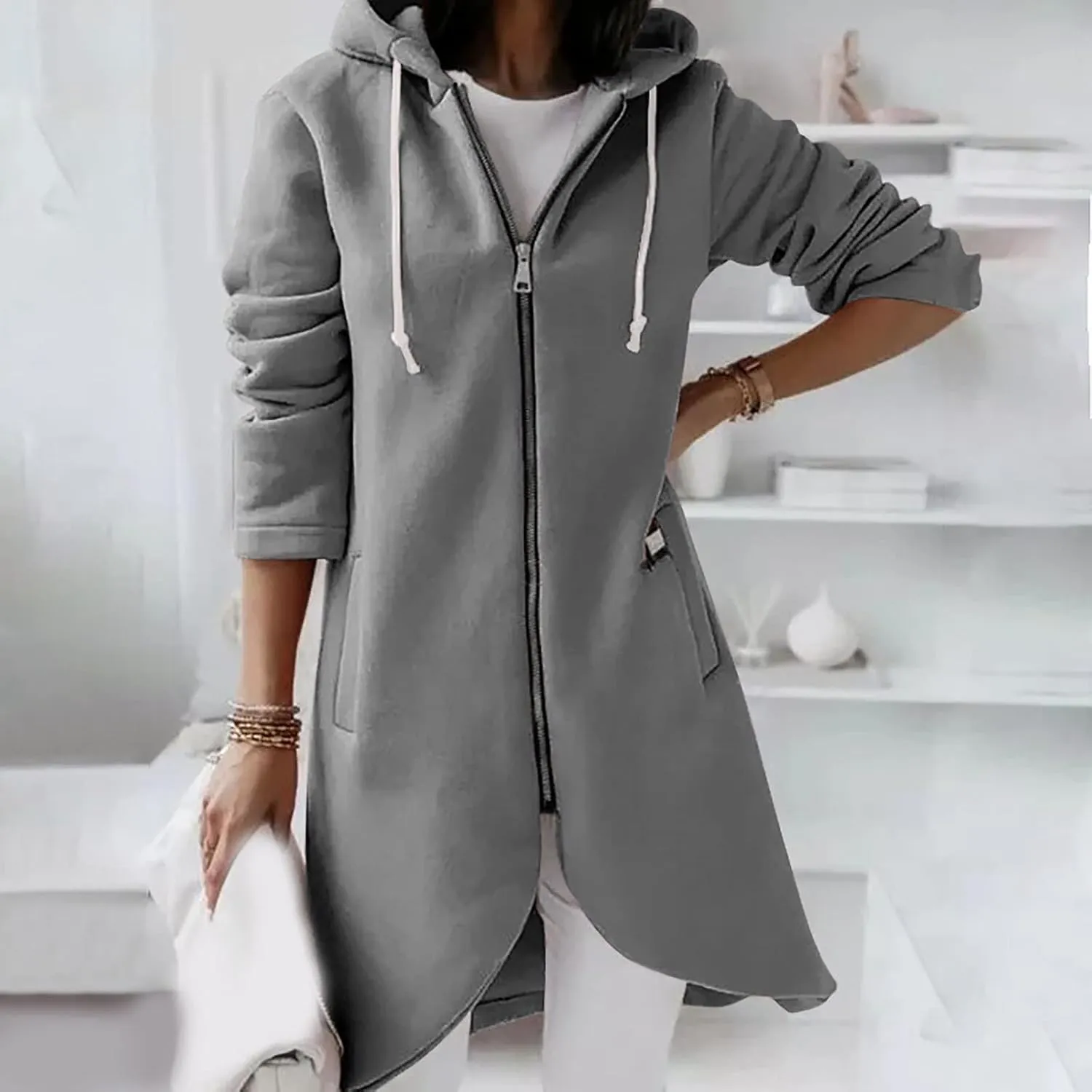 Womens Long Hoodies Long Sleeve Zip Up Solid Plain Hooded Pullover Drawstring Loose Fit Casual Fashion Fall Tops with Pocket