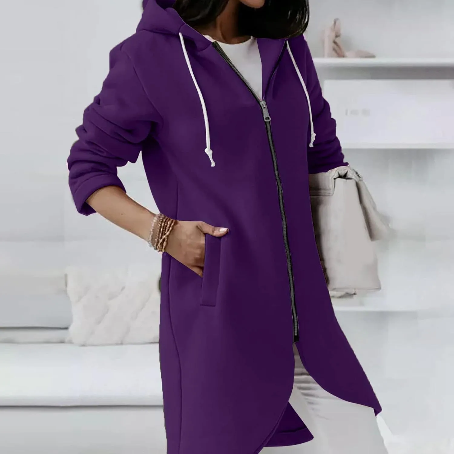 Womens Long Hoodies Long Sleeve Zip Up Solid Plain Hooded Pullover Drawstring Loose Fit Casual Fashion Fall Tops with Pocket