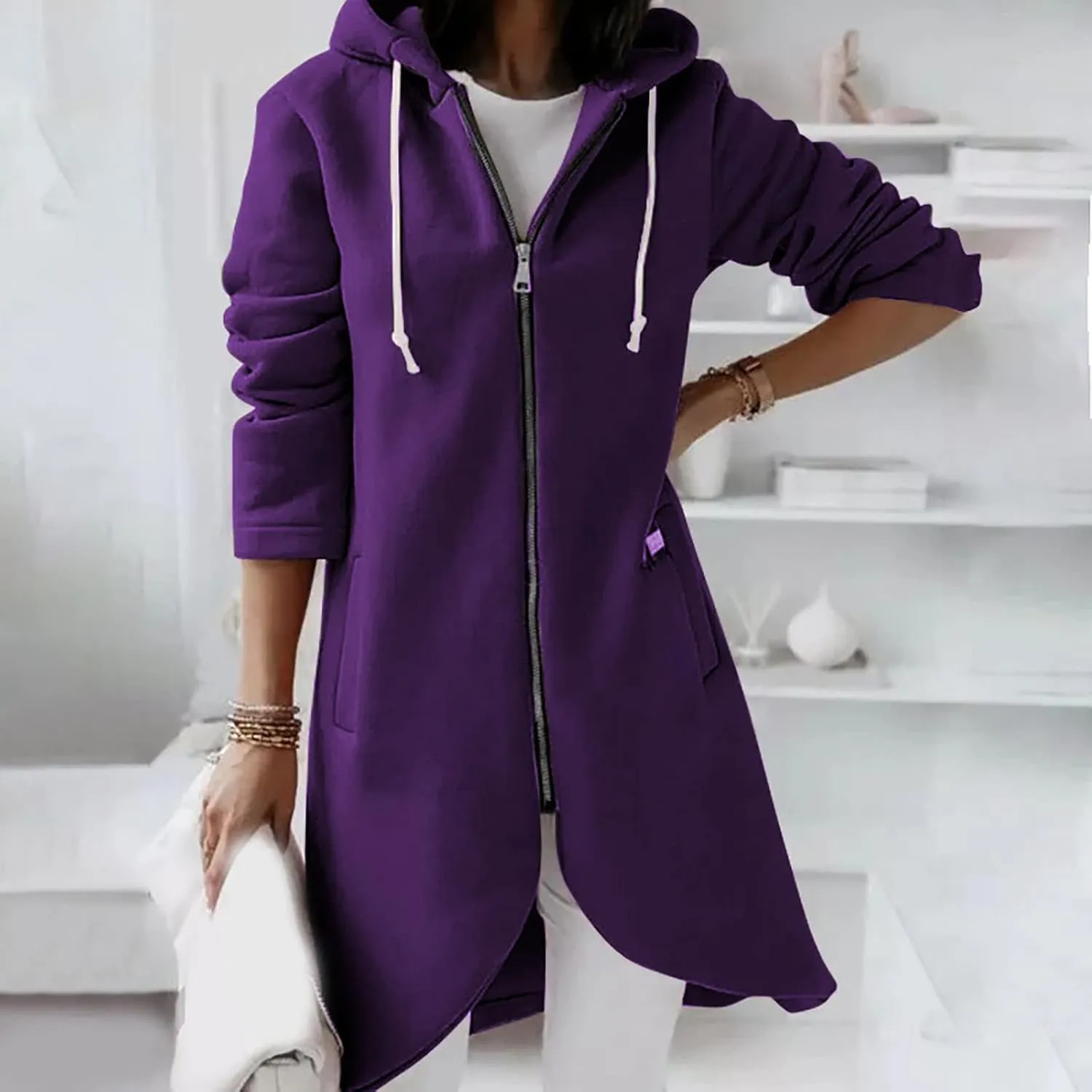 Womens Long Hoodies Long Sleeve Zip Up Solid Plain Hooded Pullover Drawstring Loose Fit Casual Fashion Fall Tops with Pocket
