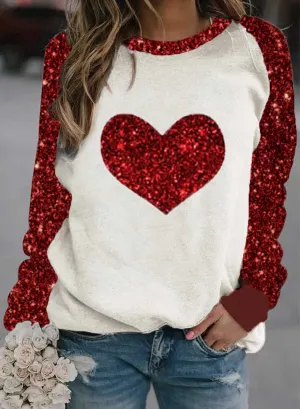 Women's Sweatshirts Round Neck Long Sleeve Color Block Sequin Heart-shaped Sweatshirts