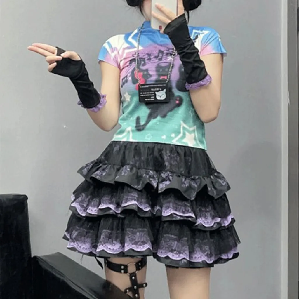 Y2K Gothic Harajuku Kawaii Clothes Casual Elastic Waist Lace Trim Goth Flowers Print Pleated Tiered Short Skirt