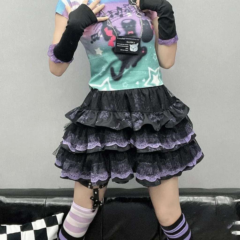 Y2K Gothic Harajuku Kawaii Clothes Casual Elastic Waist Lace Trim Goth Flowers Print Pleated Tiered Short Skirt
