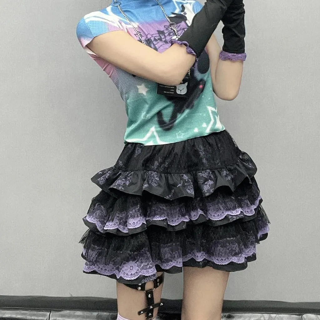 Y2K Gothic Harajuku Kawaii Clothes Casual Elastic Waist Lace Trim Goth Flowers Print Pleated Tiered Short Skirt