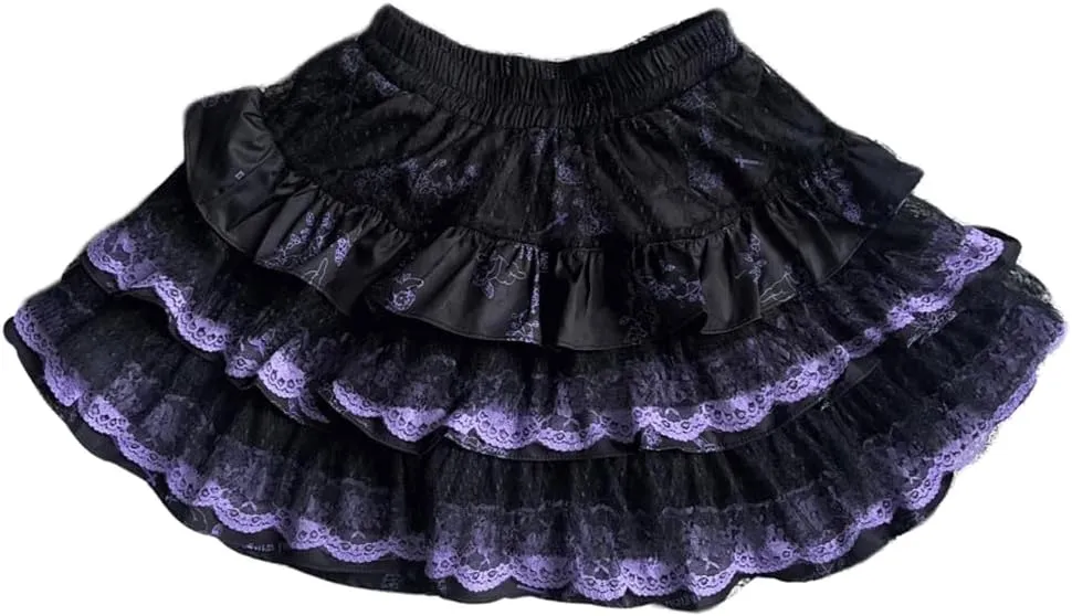 Y2K Gothic Harajuku Kawaii Clothes Casual Elastic Waist Lace Trim Goth Flowers Print Pleated Tiered Short Skirt