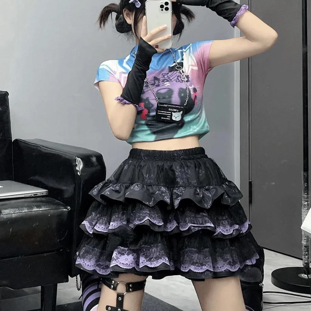 Y2K Gothic Harajuku Kawaii Clothes Casual Elastic Waist Lace Trim Goth Flowers Print Pleated Tiered Short Skirt