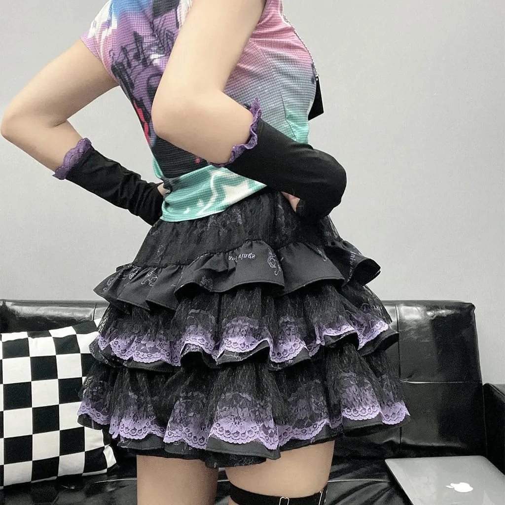 Y2K Gothic Harajuku Kawaii Clothes Casual Elastic Waist Lace Trim Goth Flowers Print Pleated Tiered Short Skirt